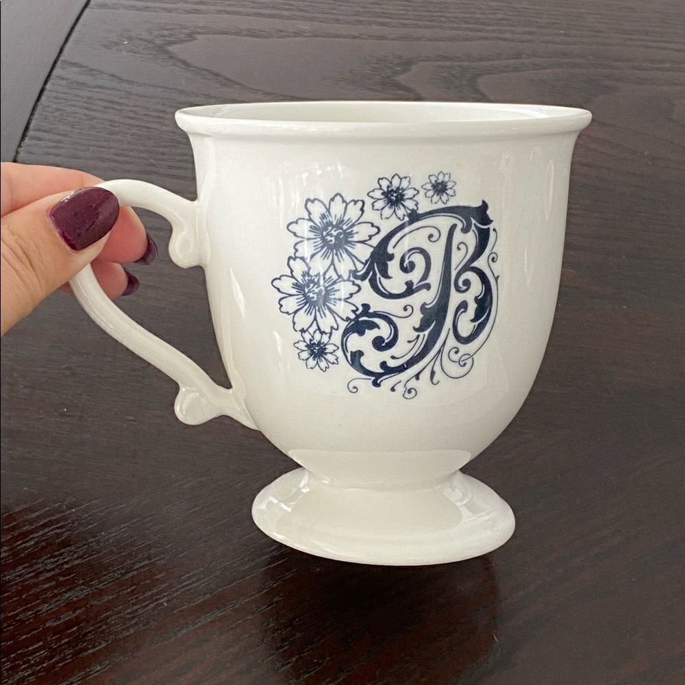 Anthropologie Monogram Black Floral "B” Footed Pedestal Tea Cup Mug
